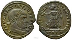 Roman Imperial Coins MAXENTIUS (307-312). Follis. Ostia. Obv: IMP C MAXENTIVS P F AVG. Laureate head right. Rev: VICTORIA AETERNA AVG N / MOSTQ. Victory advancing left with wreath and palm branch. RIC