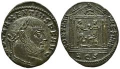 Roman Imperial Coins MAXENTIUS (307-312). Follis. Aquileia. Obv: IMP C MAXENTIVS P F AVG. Laureate head right. Rev: CONSERV VRB SVAE / AQS. Roma seated left on shield, holding spear and presenting glo