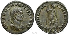Roman Imperial Coins CRISPUS (Caesar, 316-326). Follis. Thessalonica. Obv: CRISPVS NOBILISS CAES. Laureate, draped and cuirassed bust right. Rev: PRINCIPIA IVVENTVTIS / •TS•Δ•. Virtus standing left, h