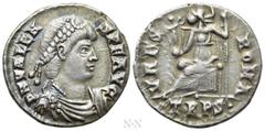Roman Imperial Coins VALENS (364-378). Siliqua. Treveri. Obv: D N VALENS P F AVG. Diademed, draped and cuirassed bust right. Rev: VRBS ROMA / TRPS•. Roma seated left on throne, holding victoriola and 