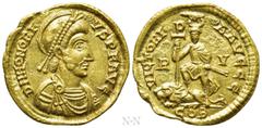 Roman Imperial Coins HONORIUS (393-423). GOLD Solidus. Ravenna. Obv: D N HONORIVS P F AVG. Diademed, helmeted, draped and cuirassed bust right, wearing beard; three stars on helmet. Rev: VICTORIA AVGG