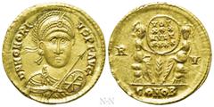 Roman Imperial Coins HONORIUS (393-423). GOLD Solidus. Ravenna. Obv: D N HONORIVS P F AVG. Diademed, helmeted and cuirassed bust facing slightly right, holding spear and shield decorated with christog
