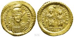 Roman Imperial Coins THEODOSIUS II (402-450). GOLD Solidus. Constantinople. Obv: D N THEODOSIVS P F AVG. Helmeted and cuirassed bust facing slightly right, holding spear and shield decorated with hors