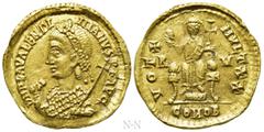 Roman Imperial Coins VALENTINIAN III (425-455). GOLD Solidus. Ravenna. Obv: D N PLA VALENTINIANVS P F AVG. Rosette-diademed bust left, wearing consular robes, holding mappa and long cross over shoulde