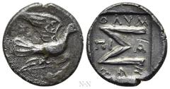 Greek Coins SIKYONIA. Sikyon. Triobol - Hemidrachm (Circa 100-60 BC). Olympiadas, magistrate. Obv: Dove flying right. Rev: ΟΛΥΜ/ΠΙ-Α/ΔΑΣ. Large Σ within incuse square. BCD Peloponnesos 344.1; HGC 5, 2