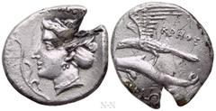 Greek Coins PAPHLAGONIA. Sinope. Drachm (Circa 330-300 BC). Krethe-, magistrate. Obv: Head of nymph left, hair in sakkos; aphlaston before. Rev: KPHΘE / ΣΙΝΩ. Sea eagle on dolphin left. SNG BM Black S