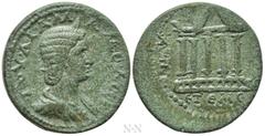 Roman Provincial Coins CILICIA. Anazarbus. Julia Mamaea (Augusta, 222-235). Ae. Dated CY 249 (230/1). Obv: ΙΟΥΛΙΑ ΜΑΜЄΑ ϹЄΒΑ. Diademed and draped bust right. Rev: ΑΝΑΖ MHT / Γ Β / ЄΤ ΘΜϹ. Temple with 