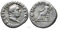 Roman Imperial Coins VITELLIUS (69). Denarius. Rome. Obv: A VITELLIVS GERM IMP AVG TR P. Laureate head right. Rev: CONCORDIA P R. Concordia seated left on throne, holding patera and cornucopia. RIC² 9