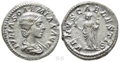 Roman Imperial Coins JULIA SOEMIAS (Augusta, 218-222). Denarius. Rome. Obv: IVLIA SOAEMIAS AVG. Draped bust right. Rev: VENVS CAELESTIS. Venus standing facing, head left, holding apple and sceptre; st