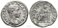 Roman Imperial Coins JULIA SOEMIAS (Augusta, 218-222). Denarius. Rome. Obv: IVLIA SOAEMIAS AVG. Draped bust right. Rev: VENVS CAELESTIS. Venus seated left, holding apple and sceptre; at left, child re