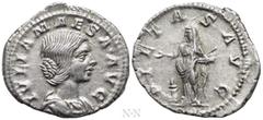 Roman Imperial Coins JULIA MAESA (Augusta, 218-224/5). Denarius. Rome. Obv: IVLIA MAESA AVG. Draped bust right. Rev: PIETAS AVG. Pietas standing left, holding box and dropping incense onto lighted alt