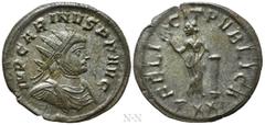Roman Imperial Coins CARINUS (283-285). Antoninianus. Ticinum. Obv: IMP CARINVS P F AVG. Radiate, draped and cuirassed bust right. Rev: FELICIT PVBLICA / TXXI. Felicitas standing facing, head left, ho