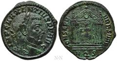 Roman Imperial Coins MAXENTIUS (307-312). Follis. Aquileia. Obv: IMP C MAXENTIVS P F AVG. Laureate head right. Rev: CONSERV VRB SVAE / AQS. Hexastyle temple, containing Roma seated left on throne, hol