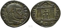 Roman Imperial Coins MAXENTIUS (307-312). Follis. Rome. Obv: IMP C MAXENTIVS P F AVG. Laureate head right. Rev: CONSERV VRB SVAE / RBQ. Hexastyle temple, with wreath in pediment and containing Roma, w