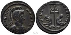 Roman Imperial Coins CRISPUS (Caesar, 316-326). Follis. Londinium. Obv: CRISPVS NOBIL C. Helmeted and cuirassed bust right. Rev: VIRTVS EXERCIT / PLN. Standard inscribed VOT / XX flanked by two seated