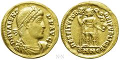 Roman Imperial Coins VALENS (364-378). GOLD Solidus. Nicomedia. Obv: D N VALENS P F AVG. Pearl-diademed, draped and cuirassed bust right. Rev: RESTITVTOR REIPVBLICAE / SMNЄ. Valens standing facing, he