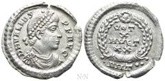 Roman Imperial Coins VALENS (364-378). Siliqua. Antioch. Obv: D N VALENS P F AVG. Pearl-diademed, draped and cuirassed bust right. Rev: VOT / X / MVLT / XX / ANT••. Legend in four lines within wreath.