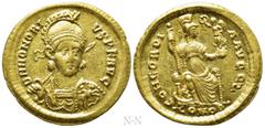 Roman Imperial Coins HONORIUS (393-423). GOLD Solidus. Constantinople. Obv: D N HONORIVS P F AVG. Diademed, helmeted and cuirassed bust facing slightly right, holding spear and shield decorated with h
