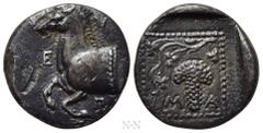 Greek Coins THRACE. Maroneia. Triobol (Circa 377-365 BC). Obv: E - Y - Π. Forepart of horse left. Rev: M - A. Grape bunch on vine; all within pelleted linear square. Schönert-Geiss 207-35; SNG Copenha