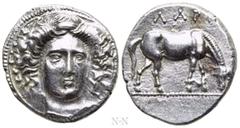 Greek Coins THESSALY. Larissa. Drachm (Circa 400-370 BC). Obv: Head of the nymph Larissa facing slightly right, wearing ampyx and necklace. Rev: ΛΑΡΙ. Horse grazing right. BCD Thessaly II 240-1; HGC 4