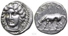 Greek Coins THESSALY. Larissa. Drachm (Circa 400-370 BC). Obv: Head of the nymph Larissa facing slightly left. Rev: ΛΑΡΙΣΑI. Horse grazing left. Cf. BCD Thessaly I 1140 (for obv. die); cf. BCD Thessal