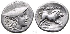 Greek Coins AITOLIA. Aitolian League. Triobol (Circa 250-145 BC). Obv: Head of Atiolia right, wearing kausia; monogram to left. Rev: ΑΙΤΩΛΩΝ. Boar at bay right; in exergue, spearhead right; monogram b