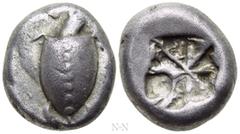 Greek Coins ATTICA. Aegina. Stater (Circa 550-530/25 BC). Obv: Sea turtle, head turned to left in profile. Rev: Deep incuse square with proto-“Union Jack” pattern. Meadows Group Ia; HGC 6, 424. Aegina