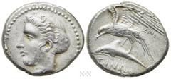 Greek Coins PAPHLAGONIA. Sinope. Siglos or Drachm (Circa 4th-3rd century BC). Obv: Head of nymph left. Rev: ENE(?) / ΣINΩ. Sea-eagle standing left, with wings spread, on dolphin left. SNG BM Black Sea