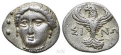 Greek Coins PAPHLAGONIA. Sinope. Trihemiobol (Circa 330-250 BC). Obv: Head of Sinope facing slightly left. Rev: ΣΙ - ΝΩ. Eagle facing, head left, with wings spread. SNG BM Black Sea 1498-1502; HGC 7, 