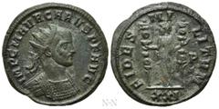 Roman Imperial Coins CARUS (282-283). Antoninianus. Ticinum. Obv: IMP C M AVR CARVS P F AVG. Radiate and cuirassed bust right. Rev: FIDES MILITVM / P / XXI. Fides standing left, holding standard in ea