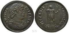 Roman Imperial Coins JOVIAN (363-364). Ae. Constantinople. Obv: D N IOVIANVS P F AVG. Laurel and rosette-diademed, draped and cuirassed bust right. Rev: VICTORIA ROMANORVM / CONSPΓ. Jovian standing fa