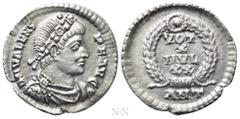 Roman Imperial Coins VALENS (364-378). Siliqua. Antioch. Obv: D N VALENS P F AVG. Rosette-diademed, draped and cuirassed bust right. Rev: VOT / X / MVLT / XX / ANT. Legend in four lines within wreath.