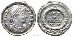 Roman Imperial Coins VALENS (364-378). Siliqua. Constantinople. Obv: D N VALENS P F AVG. Pearl-diademed, draped and cuirassed bust right. Rev: VOT X MVLT XX / (palm) C (christogram) S (wreath). Legend