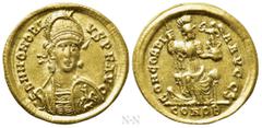 Roman Imperial Coins HONORIUS (393-423). GOLD Solidus. Constantinople. Obv: D N HONORIVS P F AVG. Diademed, helmeted and cuirassed bust facing slightly right, holding spear and shield decorated with h