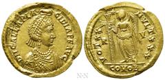 Roman Imperial Coins GALLA PLACIDIA (Augusta, 421-450). GOLD Solidus. Ravenna. Obv: D N GALLA PLACIDIA P F AVG. Diademed and draped bust right, wearing earring and double pearl-necklace, crowned by Ma