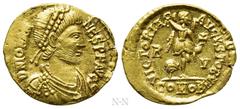 Roman Imperial Coins JOHANNES (Usurper, 423-425). GOLD Tremissis. Ravenna. Obv: D N IOHANNES P F AVG. Pearl-diademed, draped and cuirassed bust right. Rev: VICTORIA AVGVSTORVM / R - V / COMOB. Victory