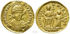 Roman Imperial Coins THEODOSIUS II (402-450). GOLD Solidus. Aquileia. Obv: D N THEODOSIVS P F AVG. Helmeted and cuirassed bust facing slightly right, holding spear and shield decorated with horseman m