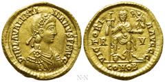 Roman Imperial Coins VALENTINIAN III (425-455). GOLD Solidus. Ravenna. Obv: D N PLA VALENTINIANVS P F AVG. Rosette-diademed, draped and cuirassed bust right. Rev: VICTORIA AVGGG / R - V / COMOB. Valen