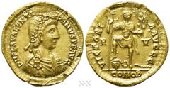 Roman Imperial Coins VALENTINIAN III (425-455). GOLD Solidus. Ravenna. Obv: D N PLA VALENTINIANVS P F AVG. Rosette-diademed, draped and cuirassed bust right. Rev: VICTORIA AVGGG / R - V / COMOB. Valen