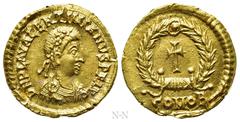 Roman Imperial Coins VALENTINIAN III (425-455). GOLD Tremissis. Rome or Ravenna. Obv: D N PLA VALENTINIANVS P F AVG. Rosette-diademed, draped and cuirassed bust right. Rev: COMOB. Latin cross within w
