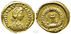 Roman Imperial Coins JUSTA GRATA HONORIA (Augusta, 426-450). GOLD Tremissis. Rome or Ravenna. Obv: D N IVST GRAT HONORIA P F AVG. Diademed and draped bust right, wearing earring and necklace. Rev: COM