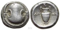Greek Coins BOEOTIA. Thebes. Stater (Circa 363-338 BC). Apol-, magistrate. Obv: Boeotian shield. Rev: AΠ-OΛ. Amphora; grape bunch on vine above; all within incuse concave circle. BCD Boiotia 565; HGC 
