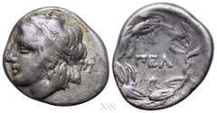 Greek Coins ACHAIA. Pellene. Triobol or Hemidrachm (Circa 370-350 BC). Obv: Laureate head of Apollo left; monogram to right. Rev: ΠEΛ within laurel wreath. BCD Peloponnesos 581.1-3; HGC 5, 112. Rare E