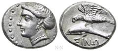 Greek Coins PAPHLAGONIA. Sinope. Siglos or Drachm (Circa 4th-3rd century BC). Obv: Head of nymph left, with hair in sakkos. Rev: ΔI[...] / ΣINΩ. Sea-eagle standing left, with wings spread, on dolphin 
