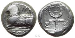 Greek Coins CYPRUS. Salamis. Phausis ? (Circa 480-460 BC). Stater. Obv: Recumbent ram left; Cypriot legend above and below. Rev: Ankh; Cypriot legend; all within incuse square. Zapiti & Michaelidou -;