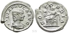 Roman Imperial Coins JULIA PAULA (Augusta, 219-220). Denarius. Rome. Obv: IVLIA PAVLA AVG. Draped bust right. Rev: CONCORDIA. Concordia seated left on throne, holding patera; star to left. RIC 211 (El