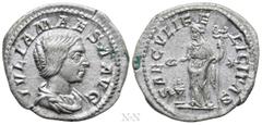 Roman Imperial Coins JULIA MAESA (Augusta, 218-224/5). Denarius. Rome. Obv: IVLIA MAESA AVG. Draped bust right. Rev: SAECVLI FELICITAS. Felicitas standing left, holding caduceus and patera over lighte