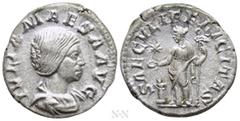 Roman Imperial Coins JULIA MAESA (Augusta, 218-224/5). Denarius. Rome. Obv: IVLIA MAESA AVG. Draped bust right. Rev: SAECVLI FELICITAS. Felicitas standing left, holding caduceus and patera over lighte