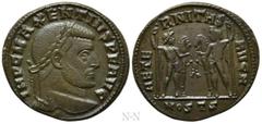 Roman Imperial Coins MAXENTIUS (307-312). Follis. Ostia. Obv: IMP C MAXENTIVS P F AVG. Laureate head right. Rev: AETERNITAS AVG N / MOSTS. The Dioscuri standing facing each other, their horses between