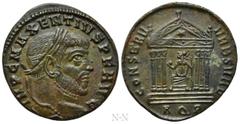 Roman Imperial Coins MAXENTIUS (307-312). Follis. Aquileia. Obv: IMP C MAXENTIVS P F AVG. Laureate head right. Rev: CONSERV VRBS SVAE / AQP. Roma seated within hexastyle temple, holding globe and scep